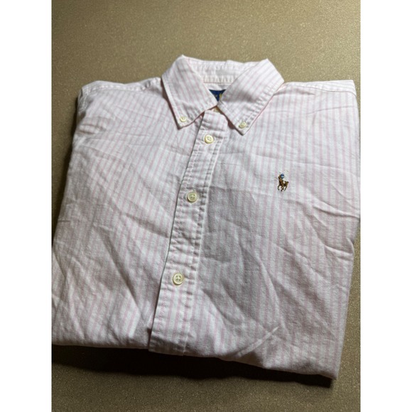 Ralph Lauren Tops - Ralph Lauren Womens Slim Fit Pink White Striped Short Sleeve Button Down Shirt M